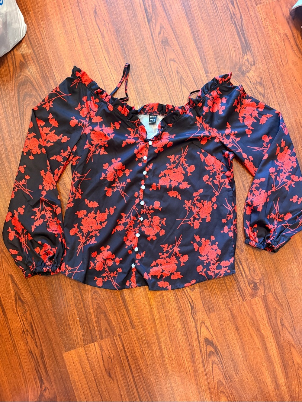 SHEIN Black Blouse with Red Floral Print and Off-Shoulder Detail